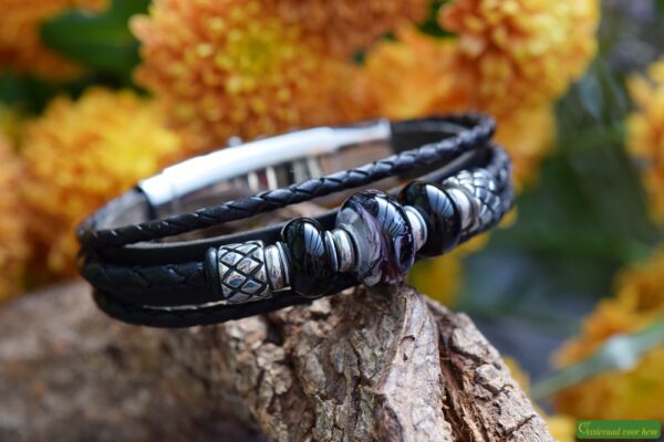 Black leather memorial bracelet with ashes bead and stainless steel clasp
