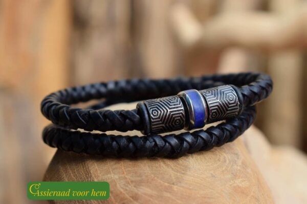 Black leather bracelet with a stainless steel bead containing cremation ashes