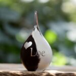 Small glass urn in black and white with silver foil heart and personalized name."