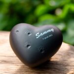 Black ceramic heart urn with silver foil dog paw prints