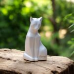 Glossy white ceramic cat urn with personalized name in gold foil.