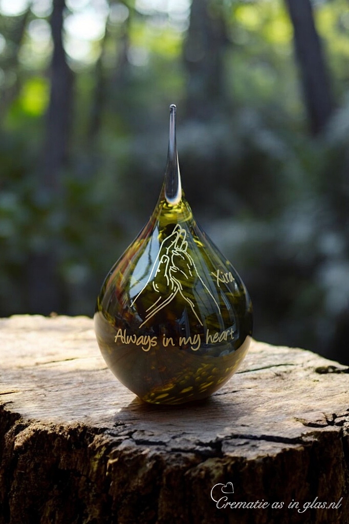 Medium nature-colored glass urn with hand and dog paw illustration