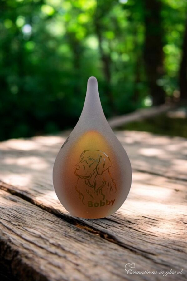 Small frosted cognac-colored glass urn with sandblasted dog head illustration and personalized name