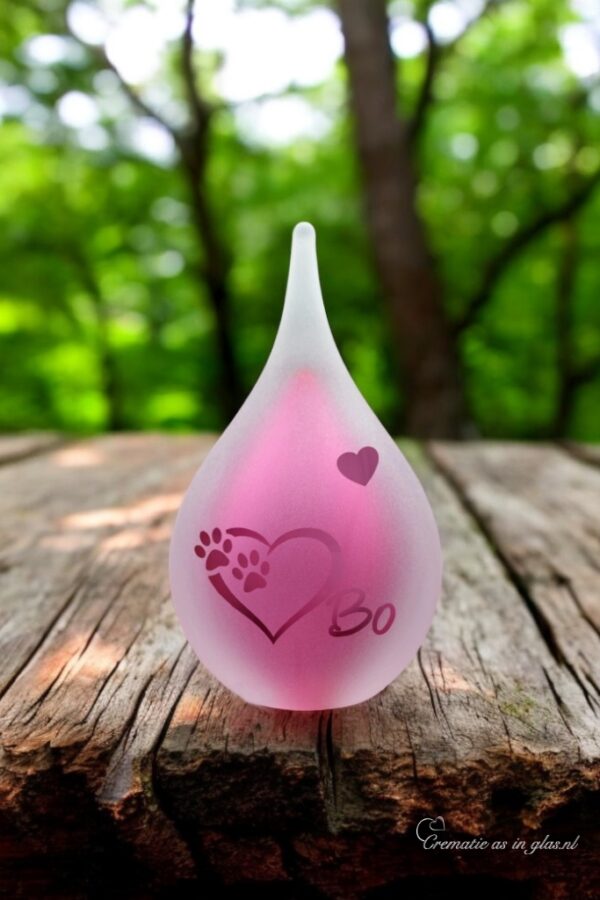 Small frosted pink glass urn with sandblasted heart and paw prints