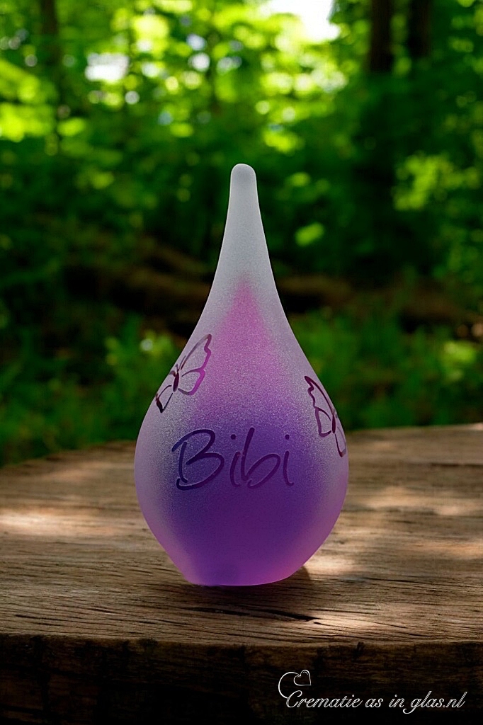 Small frosted purple glass urn with sandblasted butterflies and one personalized name