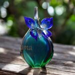 Urn and butterfly of green and blue transparent glass.