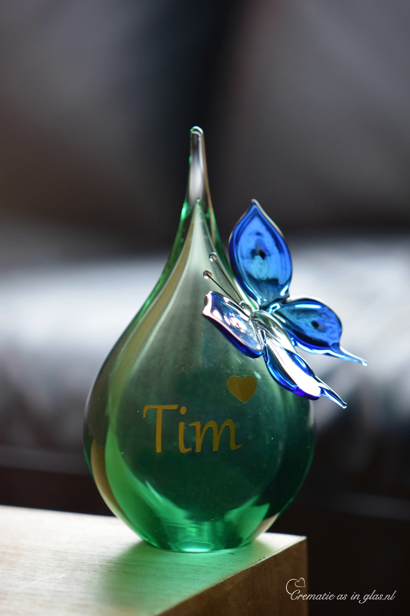 GU2008 | Urn of green and butterfly of blue transparent glass personalized - Image 4