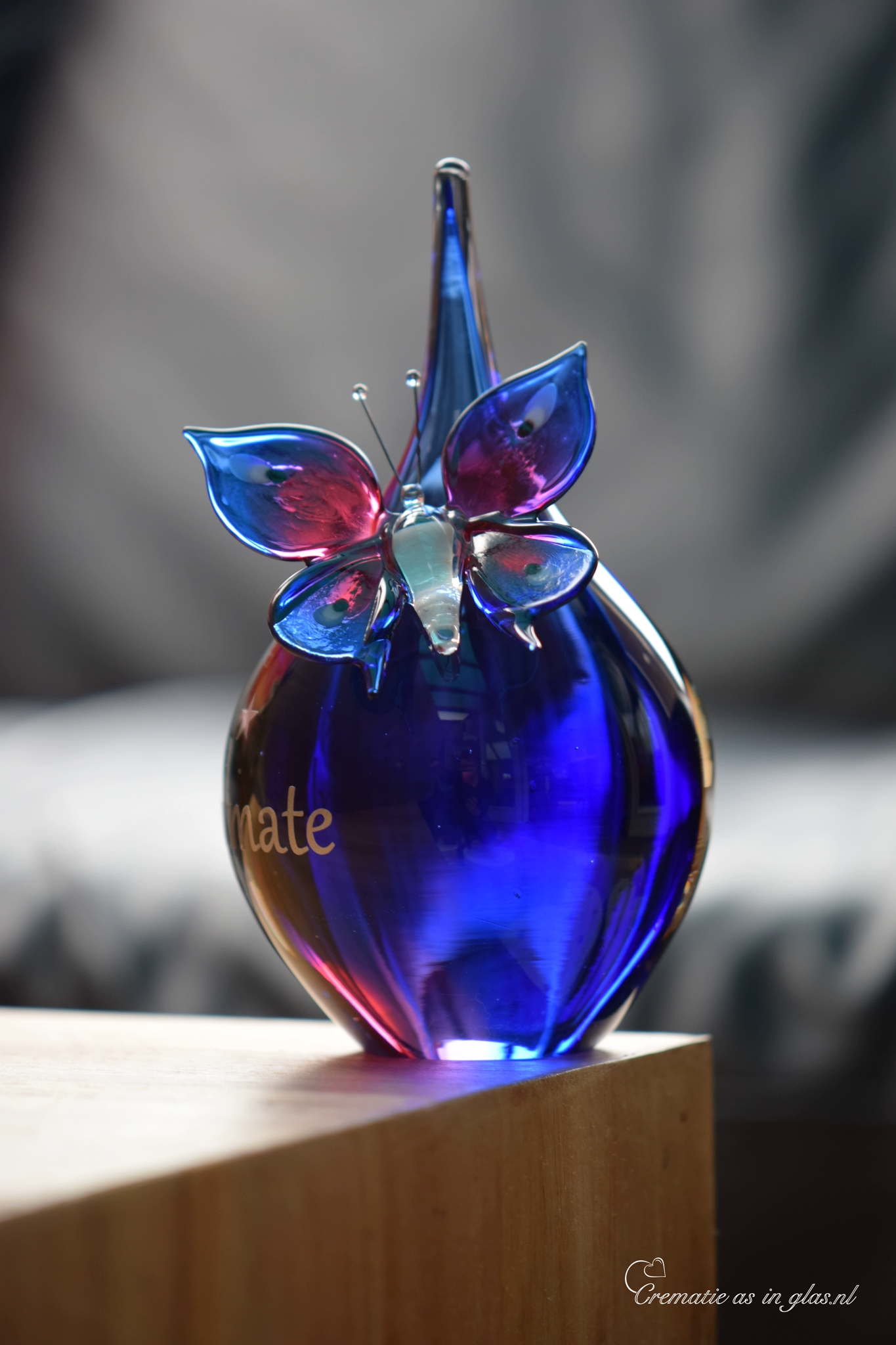 GU2003 | Urn and butterfly made of pink and blue transparent glass, personalized - Image 3