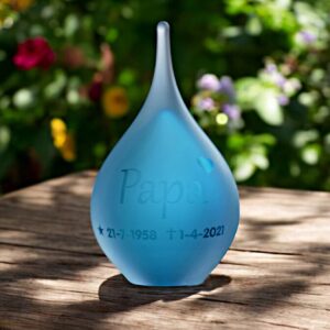 Blue glass urn. Cremation ash urn glass personalized to keep as a precious memory