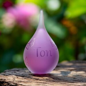 Urn of purple glass. Cremation ash urn glass personalized to keep as a precious memory
