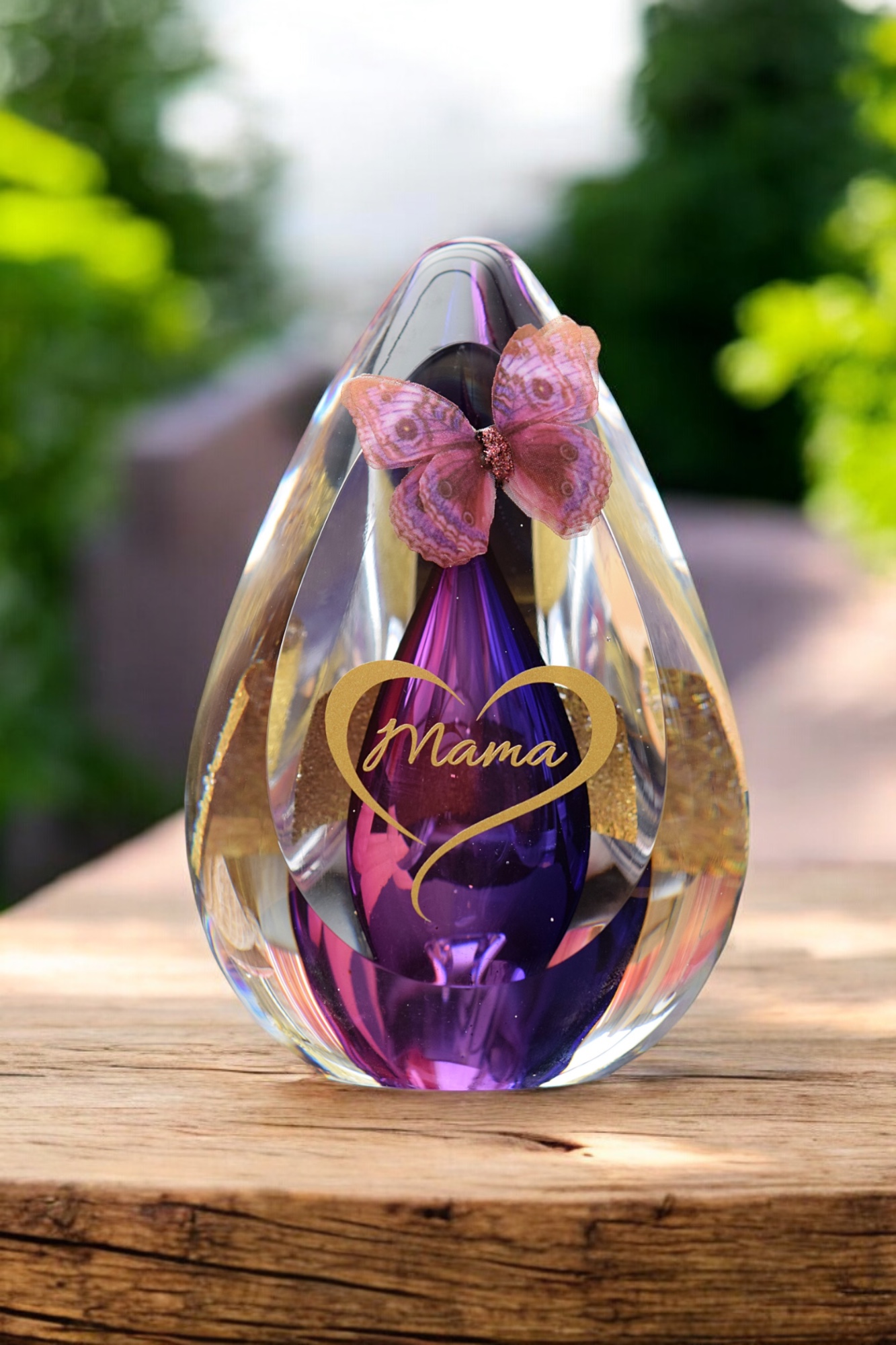 Personalized glass urn with purple heart core, gold “Mama” text and butterfly detail for cremation ashes.