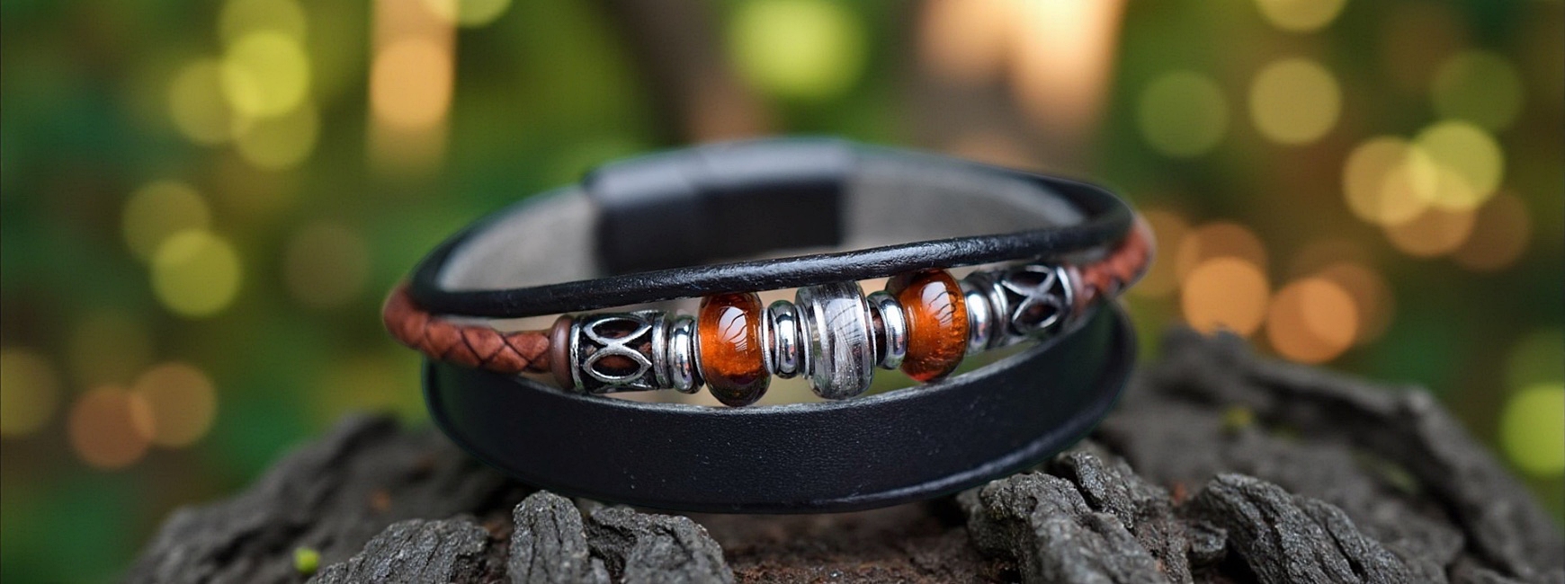 Men's memorial bracelet in brown and black leather with lock of hair inside