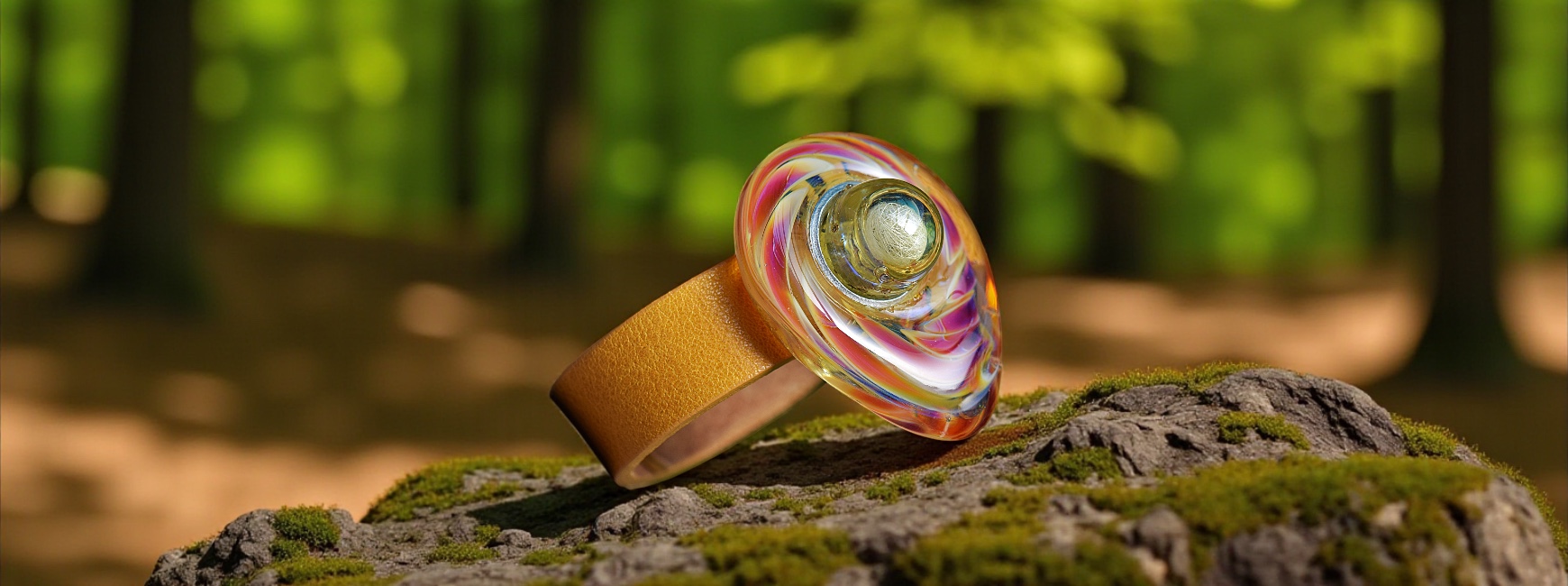 Women's leather memorial bracelet with large statement glass piece containing lock of hair.