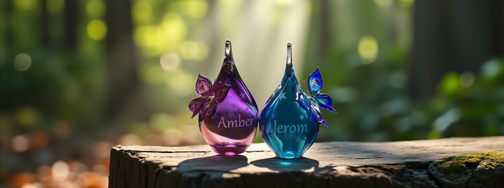 two small urns in purple and blue, each with a butterfly on top and engraved name