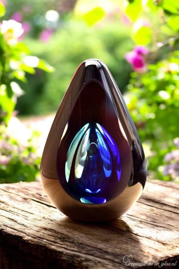 Design urn made of glass with transparent tone-on-tone blue ash chamber – suitable for cremation ashes.