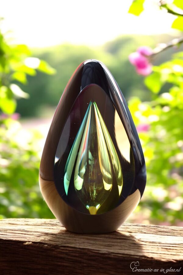 Design urn made of glass with transparent green-yellow ash chamber – suitable for cremation ashes.