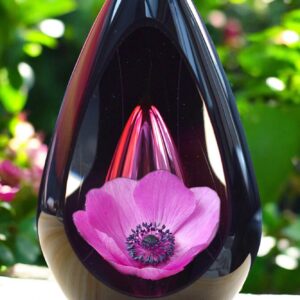Design urn made of glass with transparent pink ash chamber and image of a pink poppy – suitable for cremation ashes.