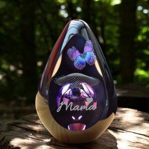 Design urn made of glass with purple-pink ash chamber and air bubbles just above it – suitable for cremation ashes.