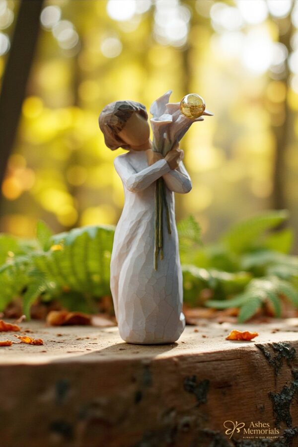 Willow Tree figurine Beautiful Wishes cradles a bouquet of elegant calla lilies in her arms and a gold and transparent glass urn for ashes or hair as a symbolic memorial.