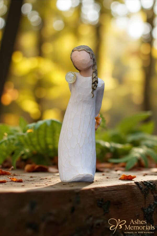 Willow Tree figurine For You with girl holding yellow flowers behind her back and a glass mini urn on her shoulder.