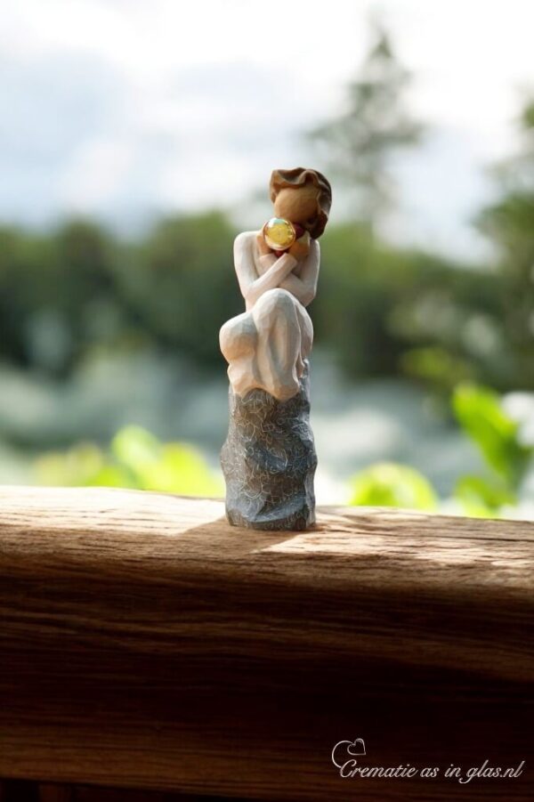 Willow Tree figurine Always girl sitting on rock holding red heart with mini urn for ashes or a lock of hair