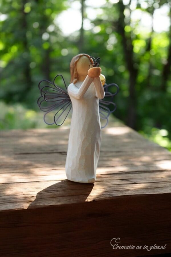 Willow Tree figurine Angel of Freedom girl with metal wings lifting butterfly with mini urn on her schoulder for ashes or a lock of hair