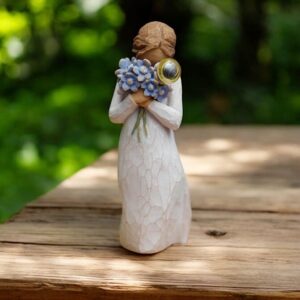 Willow Tree figurine Forget Me Not girl sitting with blue flowers and mini urn for ashes or a lock of hair