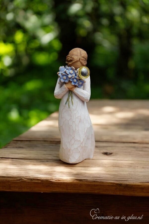 Willow Tree figurine Forget Me Not girl sitting with blue flowers and mini urn for ashes or a lock of hair