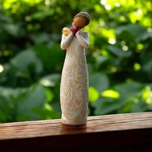 Willow Tree figurine Je t’aime woman in floral dress holding red heart with mini urn for ashes or a lock of hair