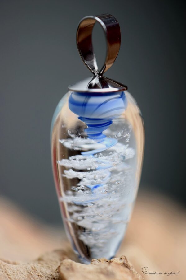 white and blue glass with stainless steel hanger.