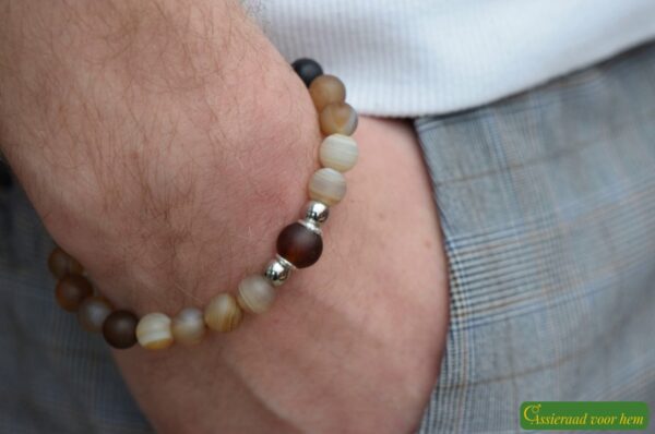 Men’s memorial bracelet with brown banded agate beads and non-visible ashes in a matte brown glass bead.