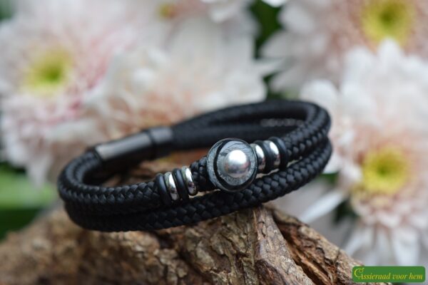 Black double Sailrope bracelet with a black and white glass bead containing cremation ashes