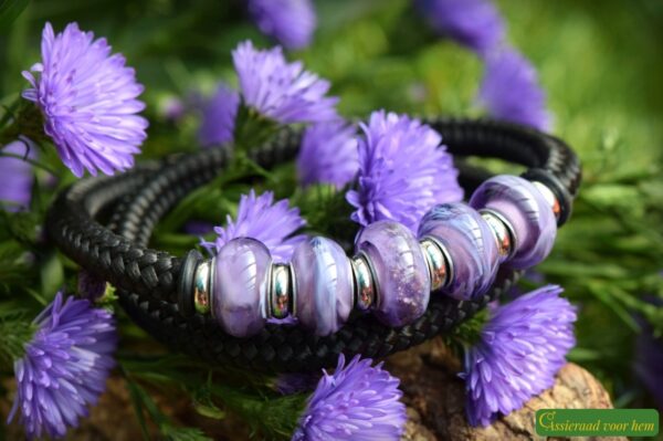 Bracelet with purple glass beads on black band