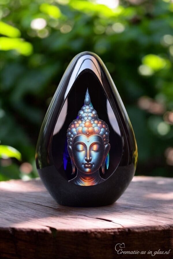Design urn made of glass with blue ash chamber and image of a serene Buddha – suitable for storing cremation ashes.