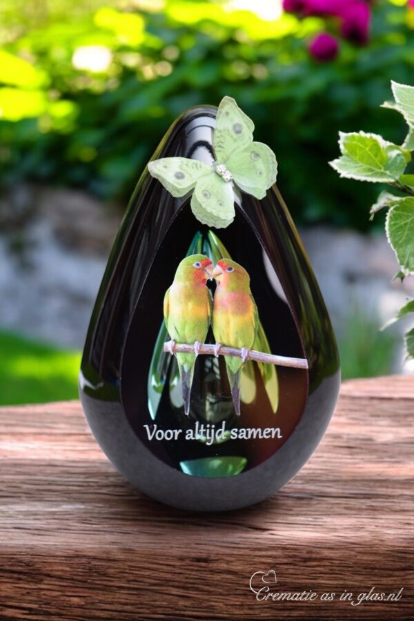 Design urn made of glass with transparent green-yellow ash chamber and image of two lovebirds – suitable for storing cremation ashes.