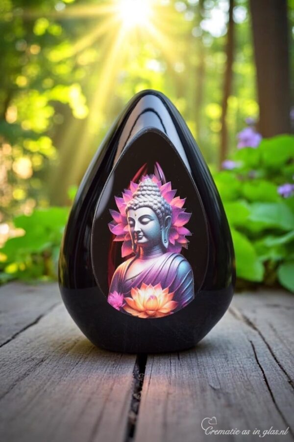 Design urn made of glass with pink ash chamber and image of a Buddha with lotus flower – suitable for storing cremation ashes.