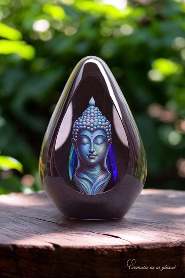 Design urn made of glass with transparent blue ash chamber and image of a Buddha – suitable for storing cremation ashes.