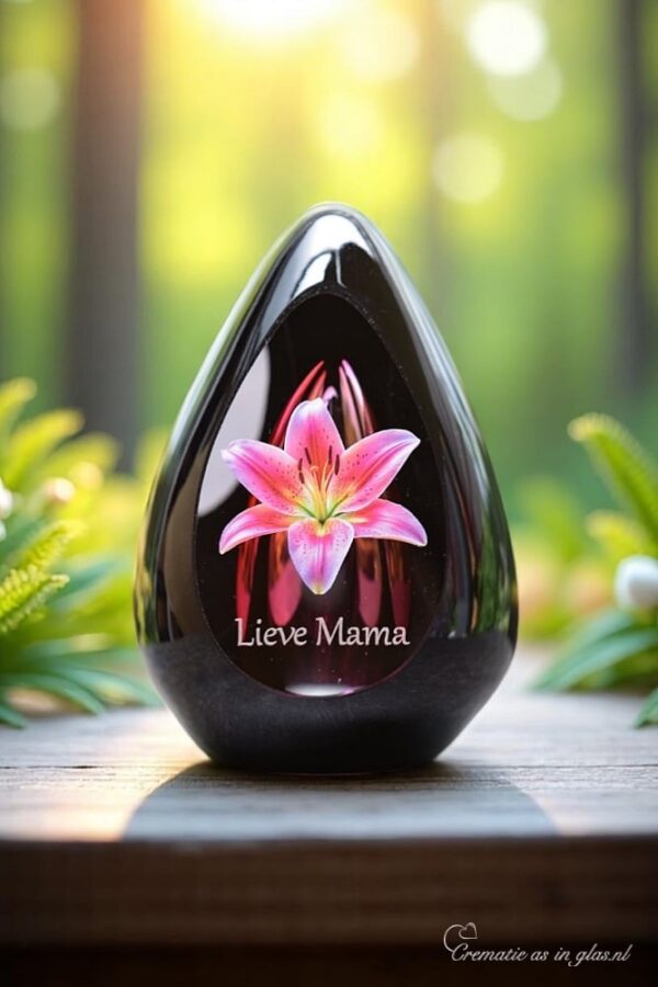 Design urn made of glass with transparent pink ash chamber and image of a pink lily – suitable for storing cremation ashes.
