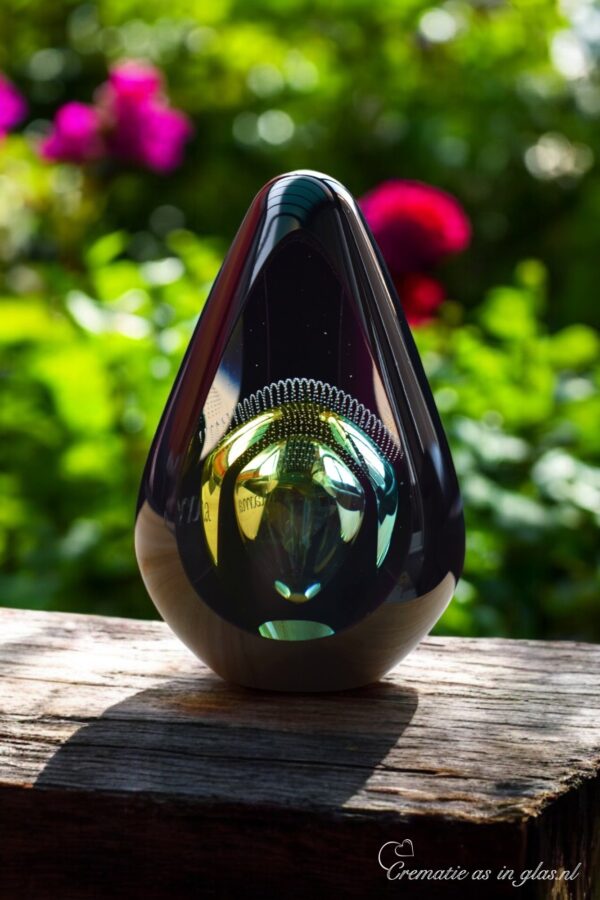 Design urn made of glass with green-yellow ash chamber and an air bubble pattern above the ash chamber – suitable for cremation ashes.