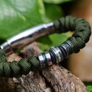 Knotted men’s bracelet with army green sail rope and a stainless steel bead containing cremation ashes