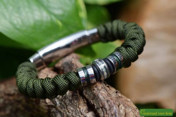 Knotted men’s bracelet with army green sail rope and a stainless steel bead containing cremation ashes