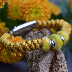 Men’s bracelet with yellow braided sail rope band and three handmade yellow-white glass beads
