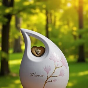 White matte ceramic teardrop urn 2.2L with gold heart