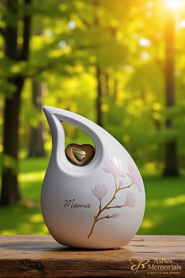 White matte ceramic teardrop urn 2.2L with gold heart