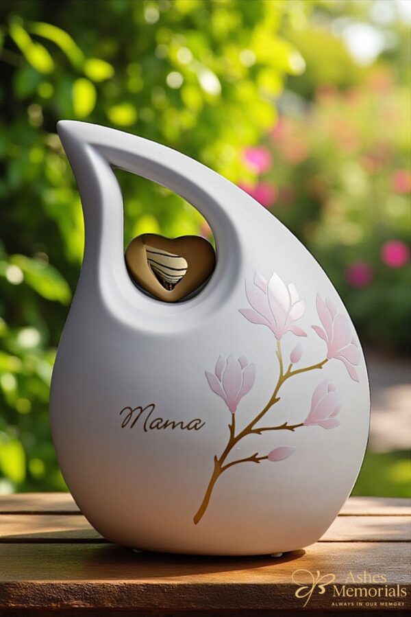 White matte ceramic teardrop urn 3.8L with gold heart