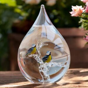 Glass urn large model with transparent stem and two blue tit birds