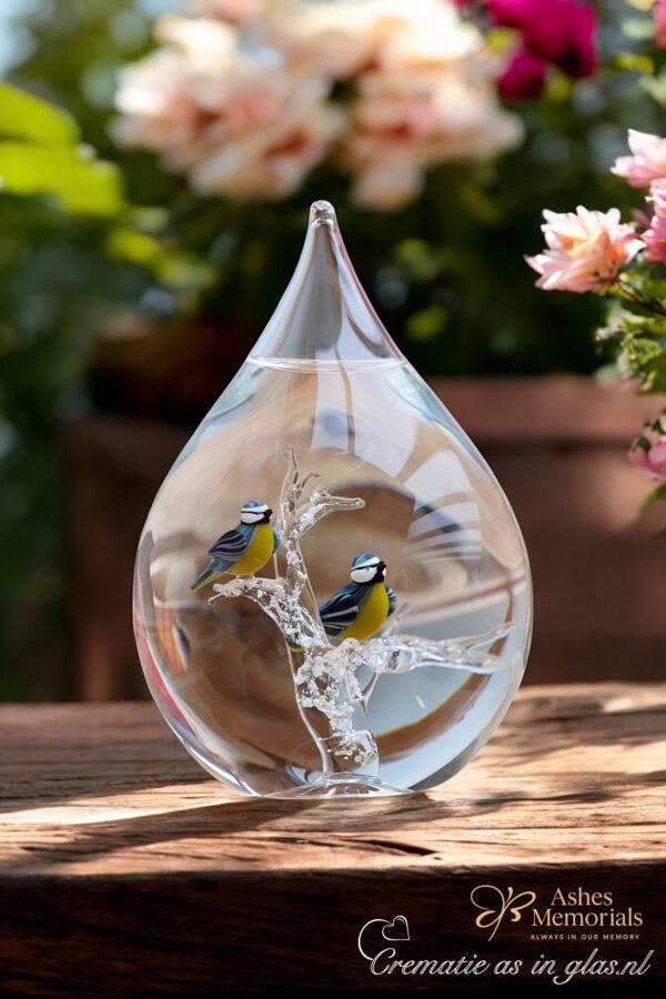 Glass urn large model with transparent stem and two blue tit birds