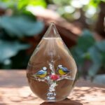 Glass urn large model with two blue tits on a branch and a red rose