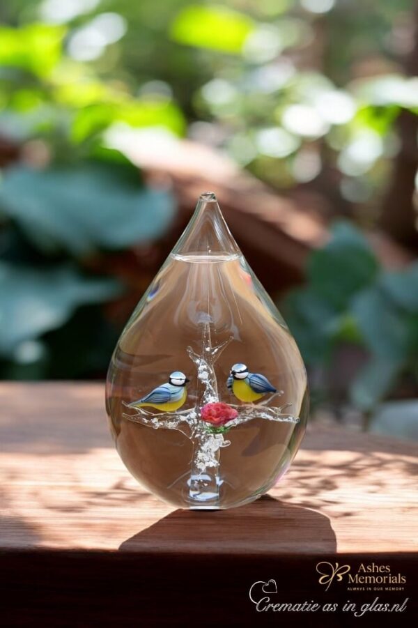 Glass urn large model with two blue tits on a branch and a red rose