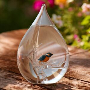Glass urn large model with transparent stem and kingfisher bird